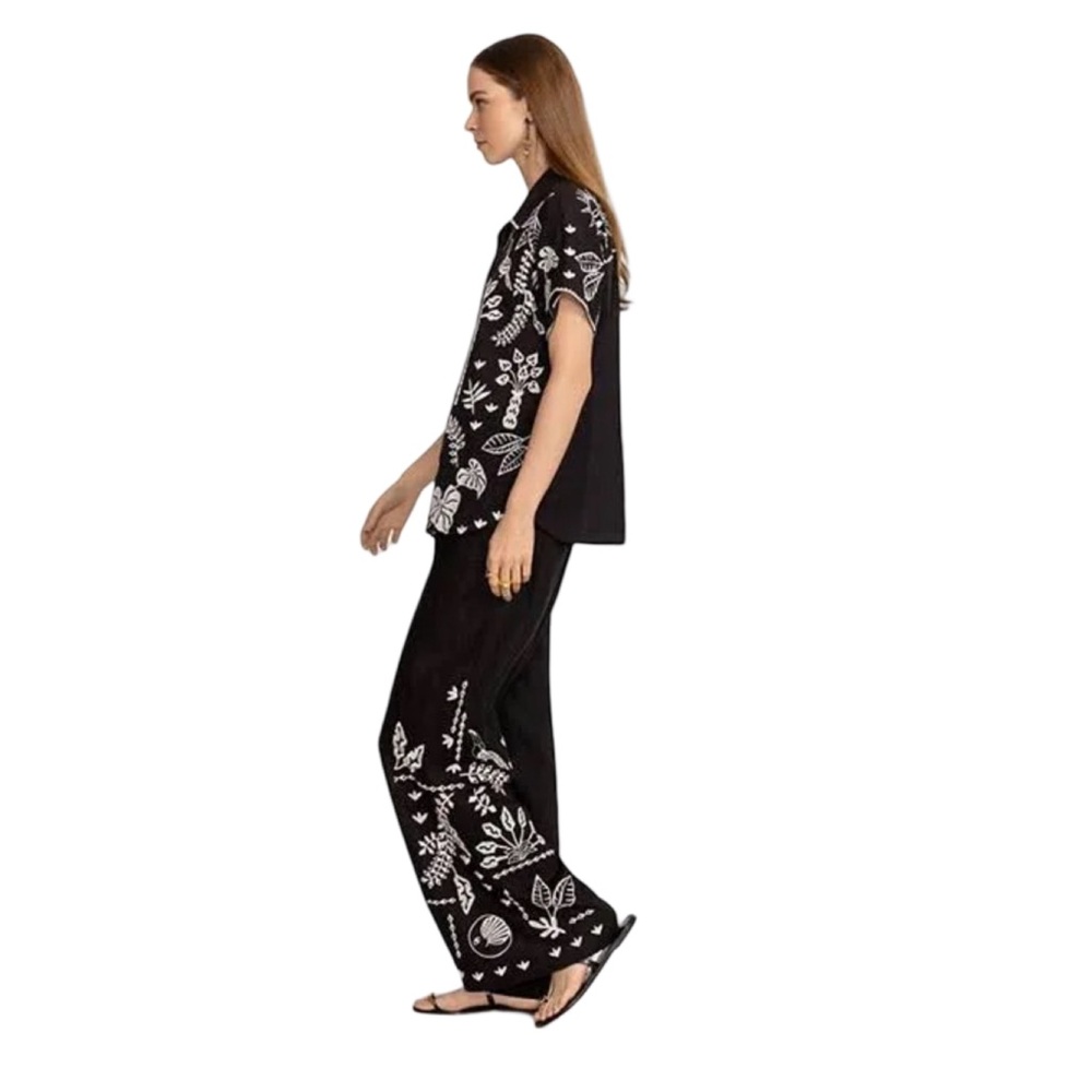 Johnny Was Workshop Luciana Linen Wide Leg Pants XS Black Embroidered Celestial - Picture 2 of 9